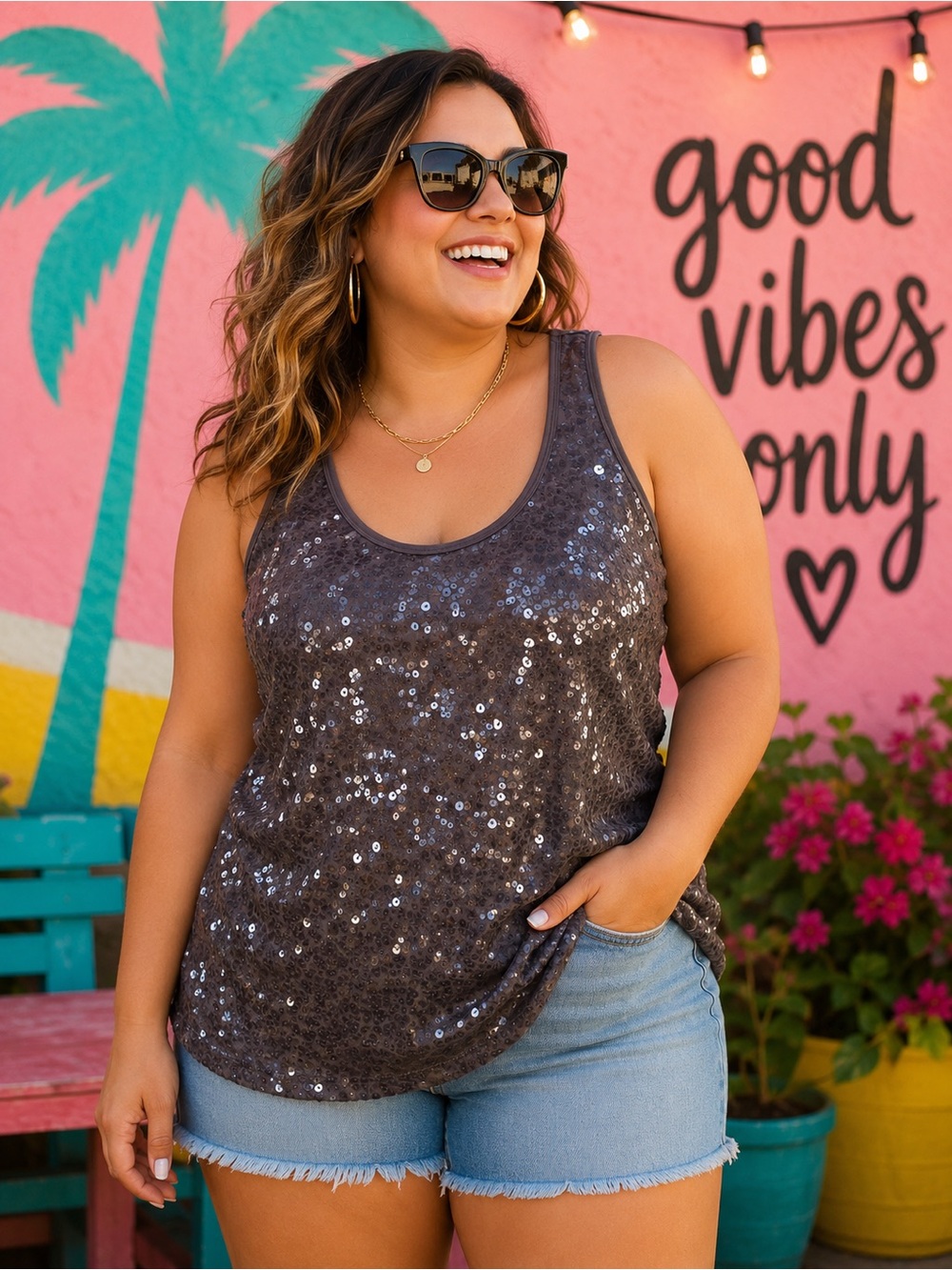 Garnet Hill Gray Sequin Sleeveless Top Size XL